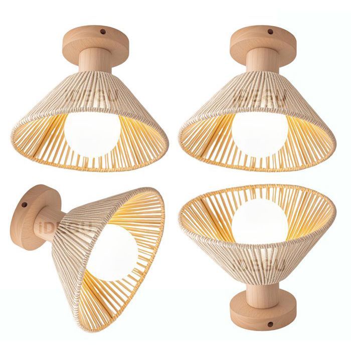 iDEGU 4pcs Plafonnier Vintage 22cm Lustre Abat-jour en Rotin Blanc et Bois E27 Lampe de Plafond Style Nordique pour Couloir Salon