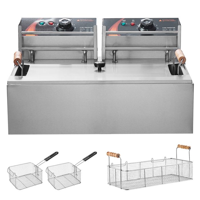 Friteuse électrique Professionnelle Double Cuve 6L - 2x2.5kW, Température Réglable 60-200°C - Pour Restaurant, Snack, Grande Famille
