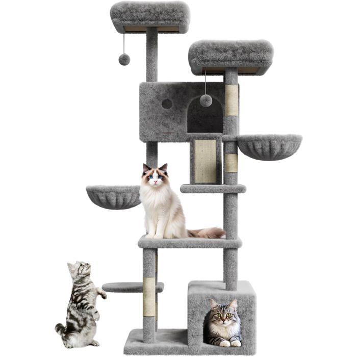 Comparer les prix de Arbre à chat Gris clair 60x60x165cm - 6 plateformes3 boules pendantes2 niche  2 poteaux à griffer 2204