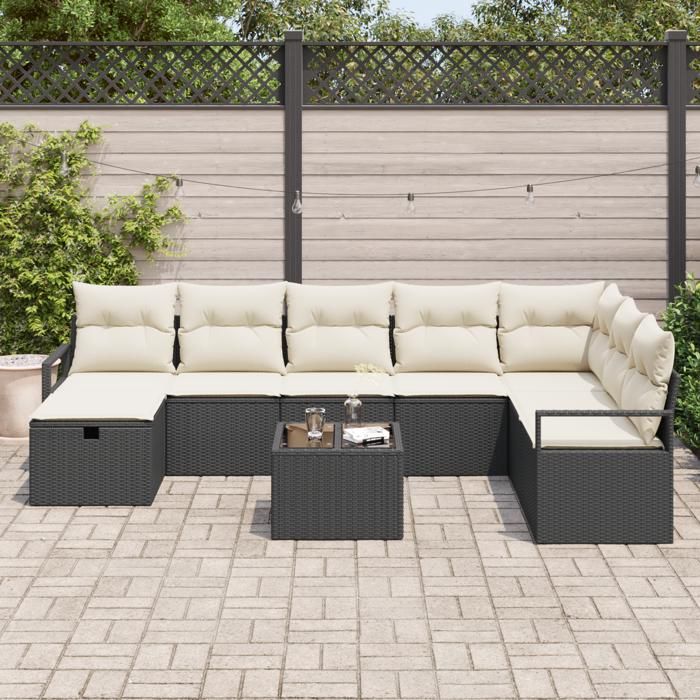 vidaXL Ensemble de Canapé de Jardin 9 Pièces avec Coussins en Poly Rattan Noir 3359236