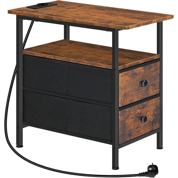 Table d’Appoint avec Station de Charge - HOOBRO-Table d’Appoint Fine - Table de Chevet avec 2 tiroirs en Non-tissé-Bout de Canapé
