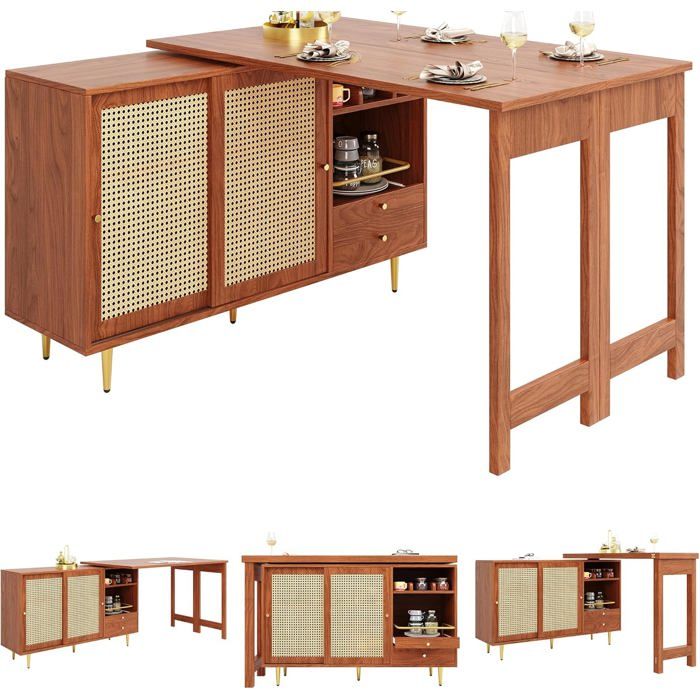 Table haute 360° pivotante et extensible, buffet avec portes en rotin et étagères ouvertes, rangement pratique pour cuisine et salle à manger | Leroy Merlin