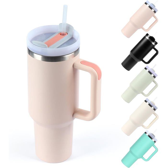 ®RisingFF Gobelet de voyage isotherme en acier inoxydable avec poignée et couvercle à paille (quartz rose)