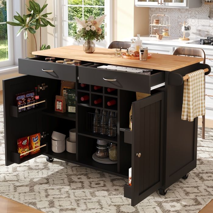 Îlot De Cuisine Extensible 120 Cm - Noir - Avec Roulettes, Tiroirs Et Porte-serviettes - Montage Facile - 10