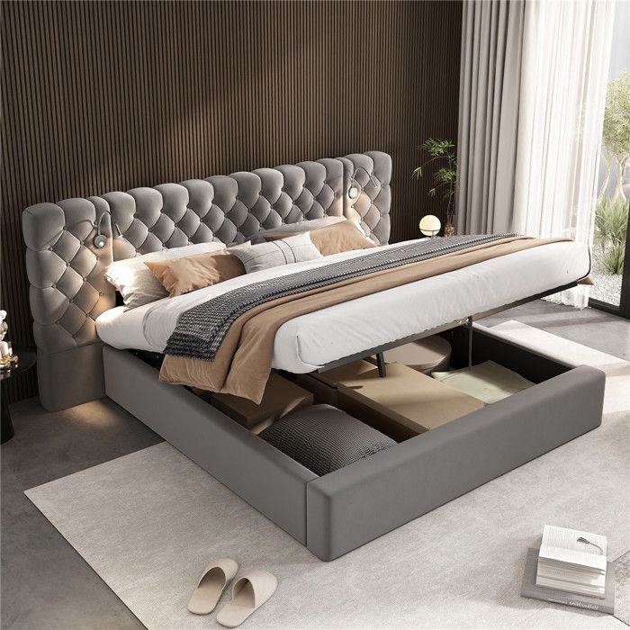 Lit coffre 160x200 avec sommier et lampe de lecture lit 2 personnes avec tête de lit rembourrée lit adulte rangement velours