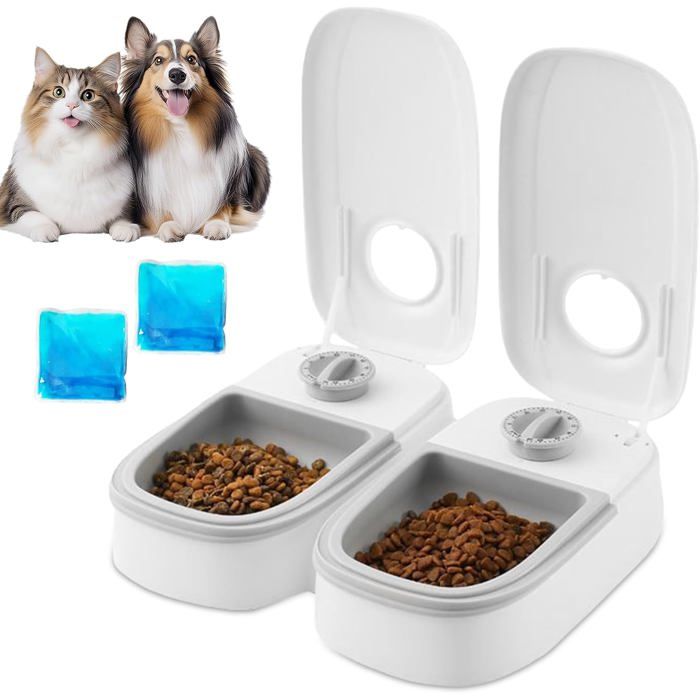 Distributeur Nourriture Automatique 2 Repas Minuterie 48h Mangeoire Programmable Chats Chiens Double Bol Sec Humide Pratique