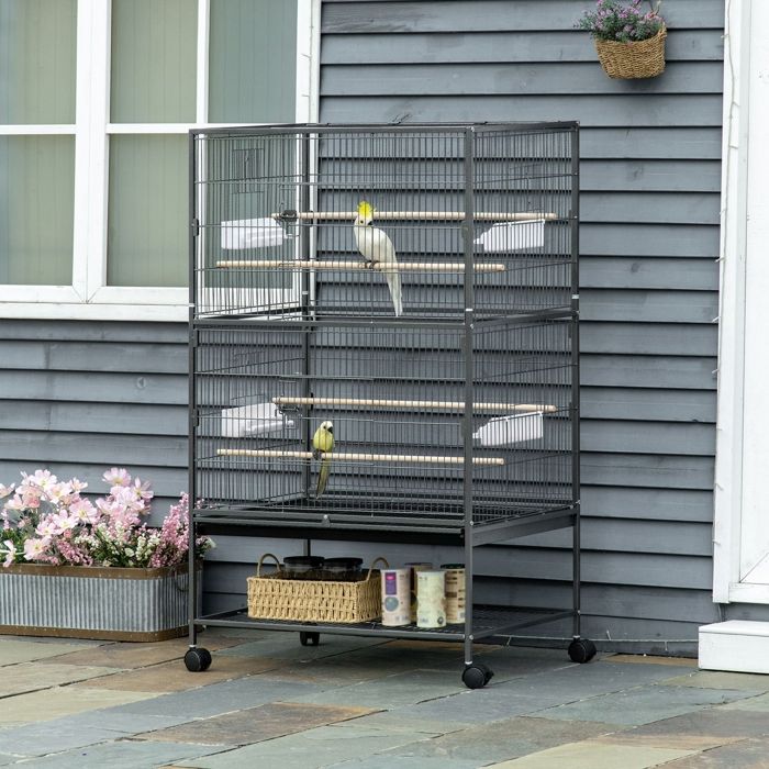 Cage à oiseaux sur pied volière oiseaux intérieur 4 perchoirs en bois et mangeoires fil dacier gris foncé