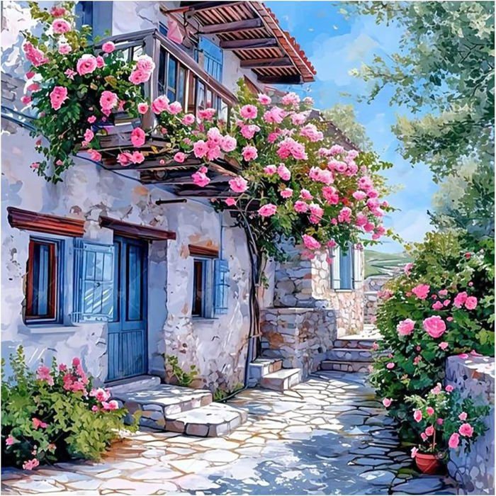 TRAHOO-40x40CM Diamond Painting Paysage de Campagne - Fleur Village et Chalet avec Ville de Santorin[J81]