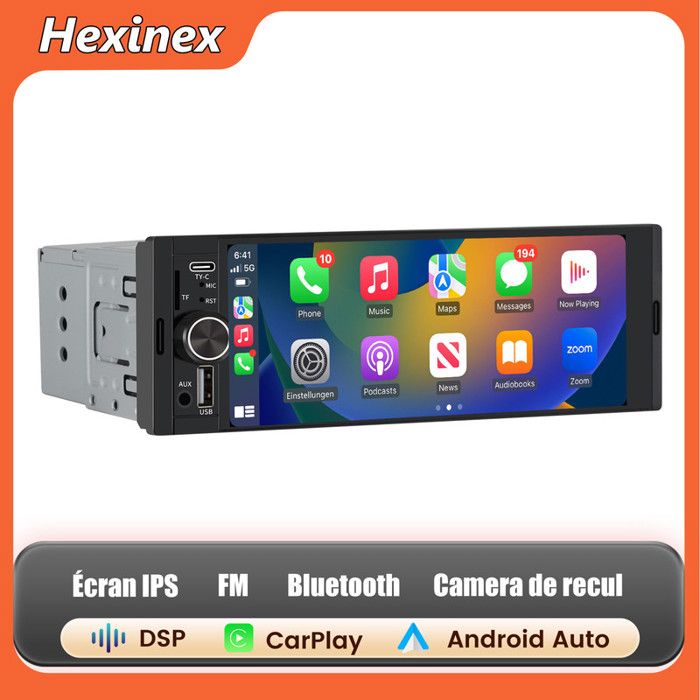 Carplay Voiture Hexinex 6.36 IPS Écran argent Carplay Android Auto sans fil Bluetooth SD GPS