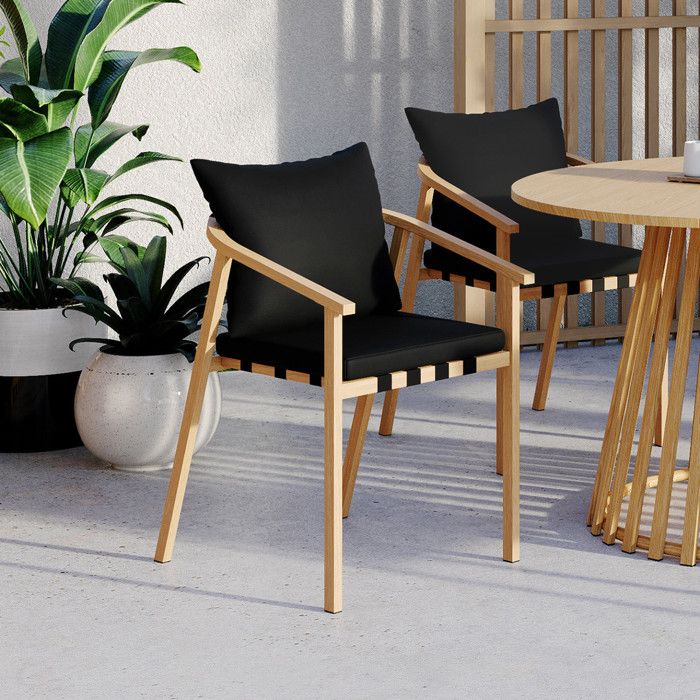 IDMARKET Lot de 4 chaises de jardin MALTA structure en métal effet bois lanières et coussins noirs
