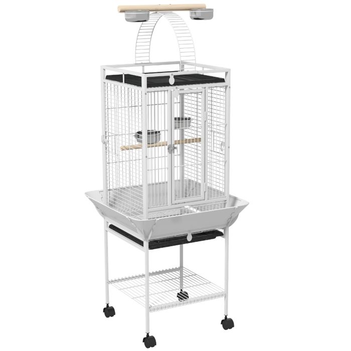 Comparer les prix de Cage à perroquets - 625x625x156 cm - Blanc - 3 portes avec serrures - 2 perchoirs en bois - Roulettes à 360°
