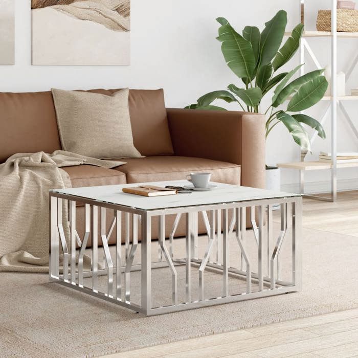 Magnifique Table basse élégante - Meuble de salon - ZENCORE - Table à café - argenté 80x80x40cm acier inoxydable et verre M9813488