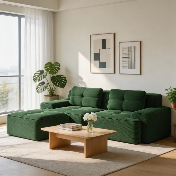 Canapé modulable - Boneless - Velours côtelé vert - Convertible 2 places - Assise profonde mousse 32D