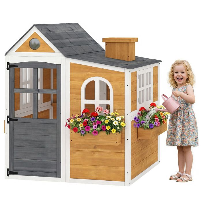 Cabane enfant extérieur - AIYAPLAY - porte fenêtres 3 bacs à fleurs - bois - 1255 x 119 x 126 cm - jaune