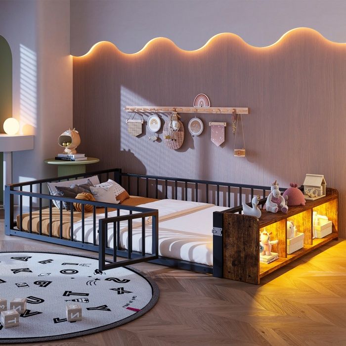 Lit évolutif Enfant 140x200cm - Lit Métal Bas avec Barrière de Sécurité et Rangement LED - Design Industriel - Noir