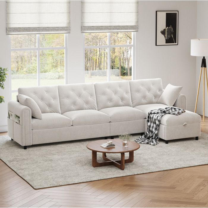 Canapé d’angle en velours beige convertible avec rangement et poches latérales