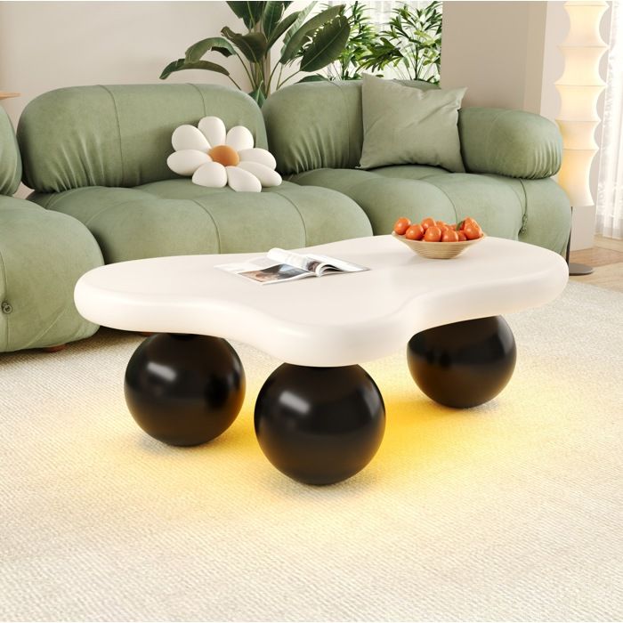 Table Basse Forme Nuage avec LED 16 Couleurs et Bords Arrondis - ELVMI - en MDF Mat Blanc et Noir 95 × 625 × 32 cm