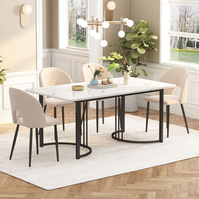 Table à manger 4 personnes 140x80 cm effet marbre blanc MDF pieds métal réglables