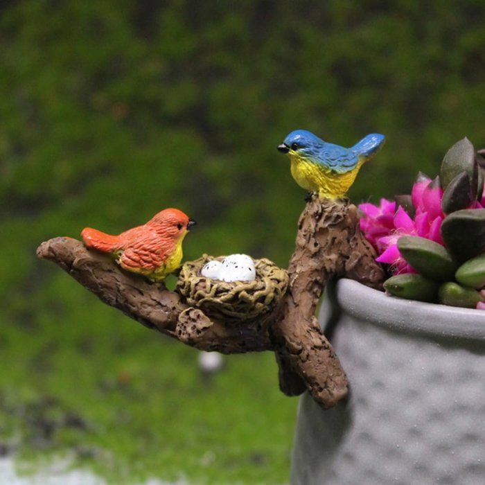 Figurine Oiseau En Résine Pour Jardin Mini Sculpture 6x6x6 cm Décoration Pot De Fleurs/Bonsaï/Aquarium Marron