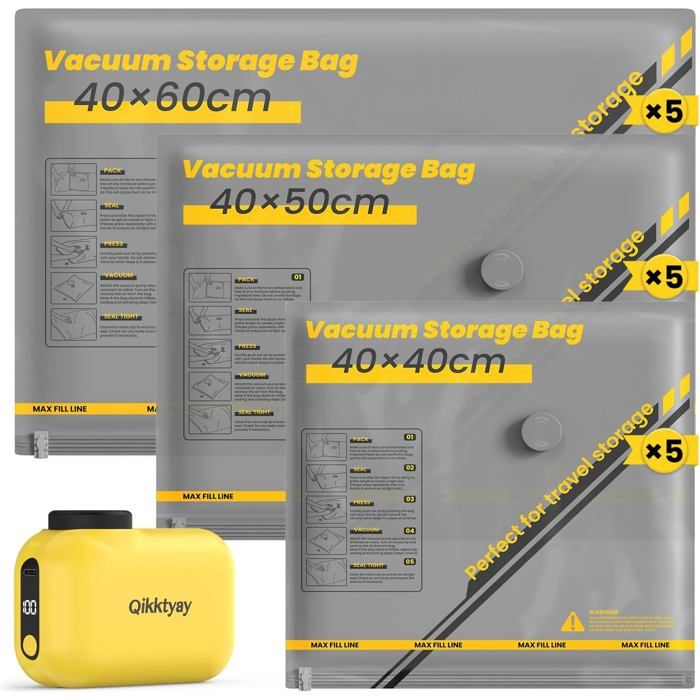 Sacs sous vide 15 pcs avec pompe sans fil 3 tailles (40x40/40x50/40x60cm) compression 80% valises voyage rangement vêtements