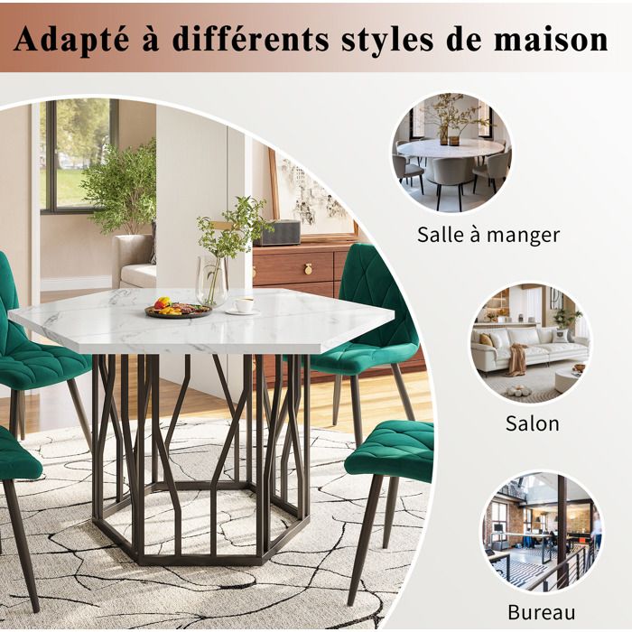 Ensemble table et chaises 5 pièces – table à manger hexagonale aspect marbre blanc avec 4 chaises en velours vert