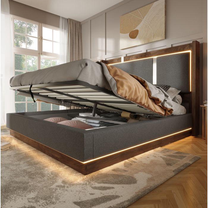 Lit coffre 180 x 200 cm EVRYAE avec sommier a lattes LED integrees et ouverture hydraulique gris et noyer