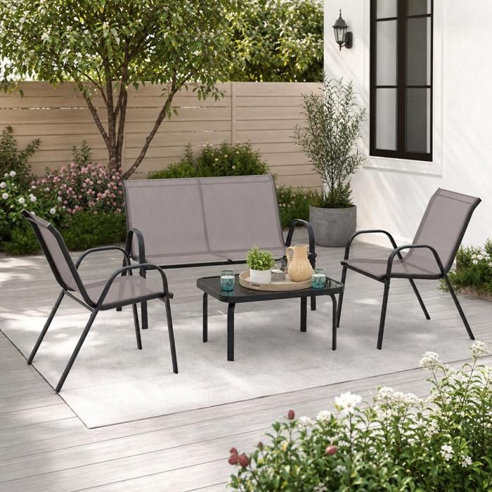 Set conversation extérieur - PAGE Living - 4 pièces table verre trempé gris