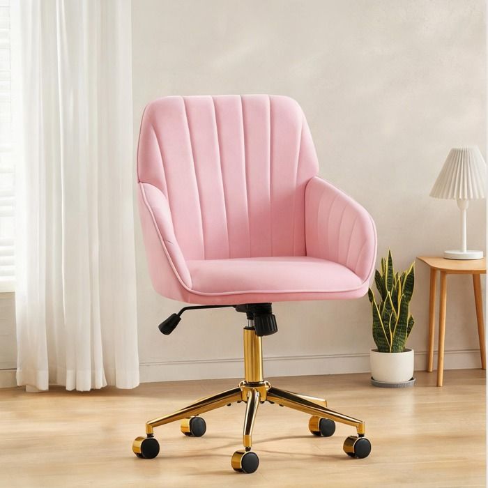 Chaise de bureau pivotante en velours rose classique réglable en hauteur pour intérieur
