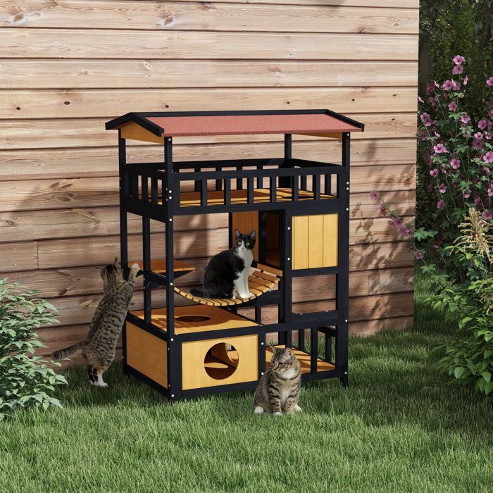 Maison pour chats en bois 4 niveaux avec niche pont suspendu plateforme toit incliné intérieur extérieur Grjofek