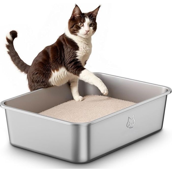 Bac Litiere pour Chat en INOX Bac à Litière pour Grands Chats Chatons et Lapins Anti-Adhérent Anti-OdeursNettoyer 45x35x15 cm