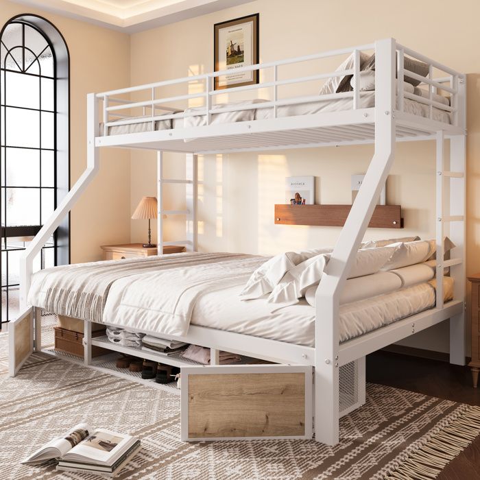 COVREO Lit superposé enfant 90 x 200 / 140 x 200 cm avec rangement meuble à chaussures métal et MDF blanc