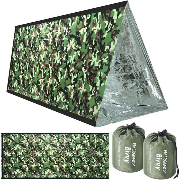 Sac de bivouac camouflage 213 x 91 cm - couverture de survie lot de 2 en PE aluminisé 0 02 mm 90 g imperméable et réutilisable