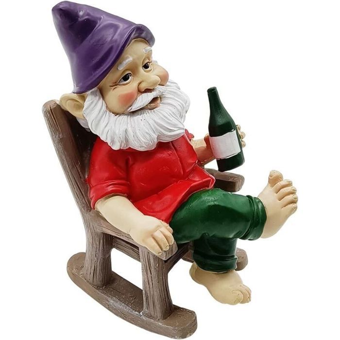 Statue De Décor-Nain de jardin sur chaise à bascule，Nain de jardin amusant pour lextérieur - Figurine naine en résine - Sculpture
