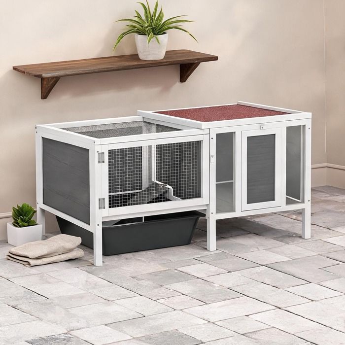 Enclos double zone avec abri et rampe pour rongeurs classique gris 105 x 57 5 x 51 5 cm