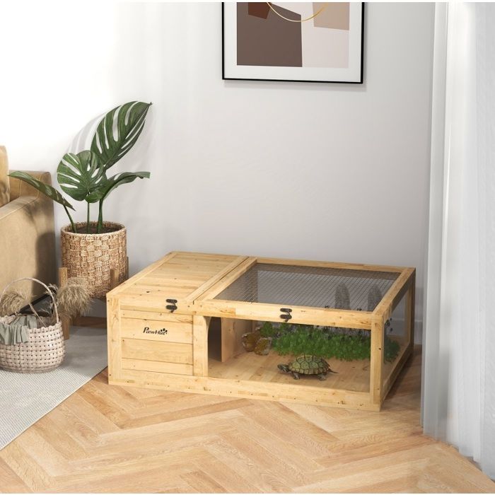 Terrarium pour tortue en bois jaune 91 x 60 5 x 32 cm avec dessus ouvrant et zone de repos