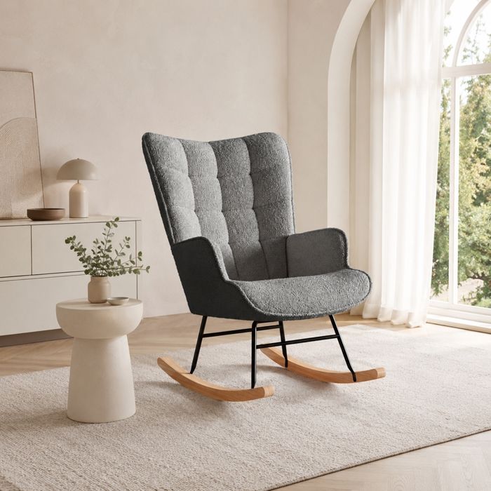 Fauteuil à bascule - Gris foncé - Velours Teddy - Chaise a Bascule avec dossier haut et rembourré - pour Salon Chambre à Couche