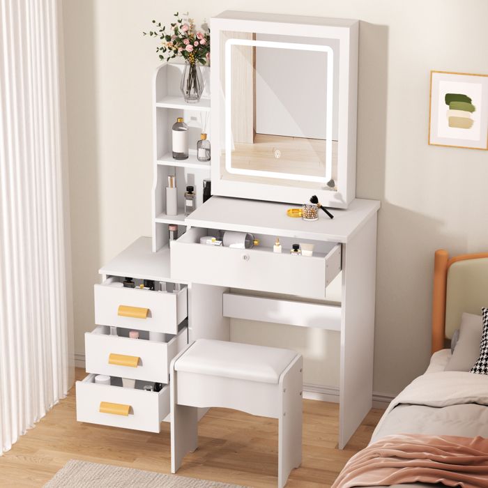 Coiffeuse de chambre avec miroir coulissant à LED 4 tiroirs + 7 partitions et Tabouret Style moderne blanc 80x36 5x130cm