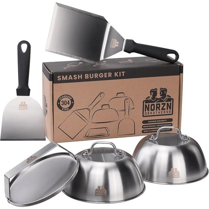 Kit Smash Burger Smasher à Hamburger 2 Cloches avec 2 Spatules 2 Cloche Couvercle Verre 1 Presse Burger USTENSILE BARBECUE PLANCHA