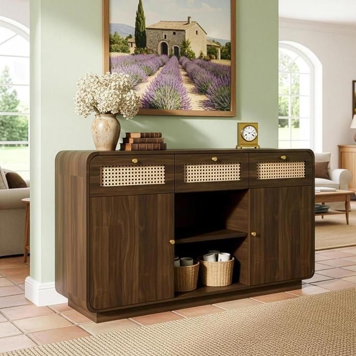 Buffet bas - KOMHTOM - 120x40x85 cm - Rotin tressé - Poignées dorées - 3 tiroirs 2 portes