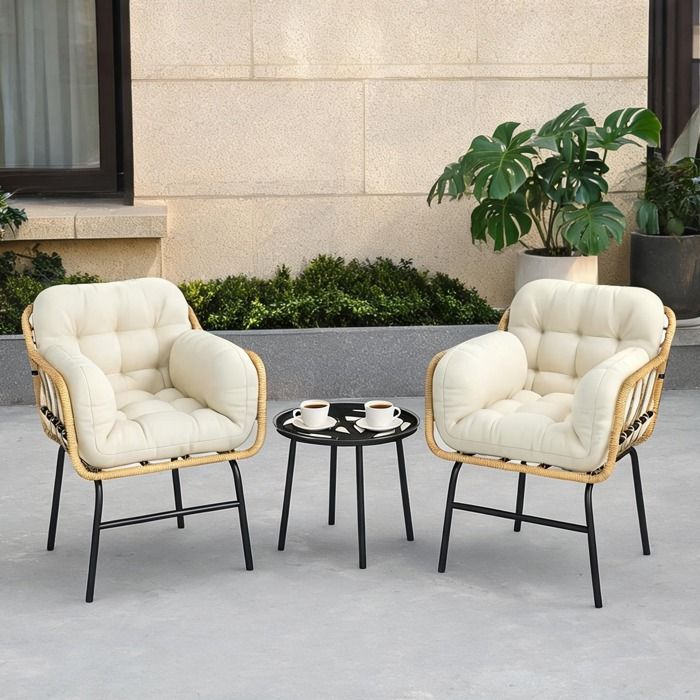Salon de jardin 2 places en résine tressée crème table en verre trempé 3 pièces