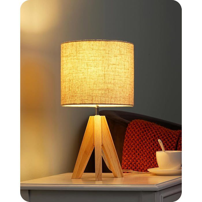 Lampe De Chevet En Bois Vintage Trépied Design Douille E27 Abat-Jour Lin Beige Lampe De Table Pour Chambre Salon Et Hôtel 36x20 Cm