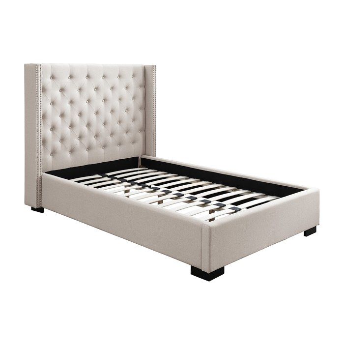 Lit 90 x 200 cm avec tête de lit capitonnée - Tissu - Beige - MASSIMO III Lit 90 x 200 cm avec tête de lit capitonnée - Tissu - Beige - MASSIMO III