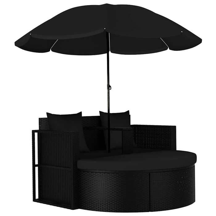 CHIC Lit de jardin avec parasol Résine tressée Noir 130x58x77 cm et protection UV et toile déperlante 613089