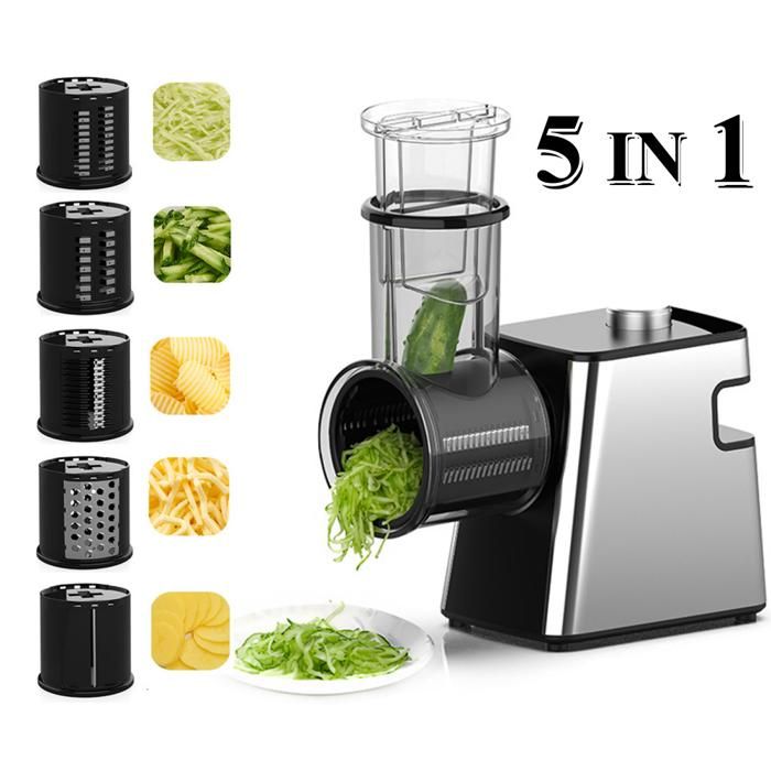 Râpe électrique 5 en 1 Coupe-légumes électrique multifonctionnel 500W Avec 5 lames pour tranches lanières râpage épais râpage fin