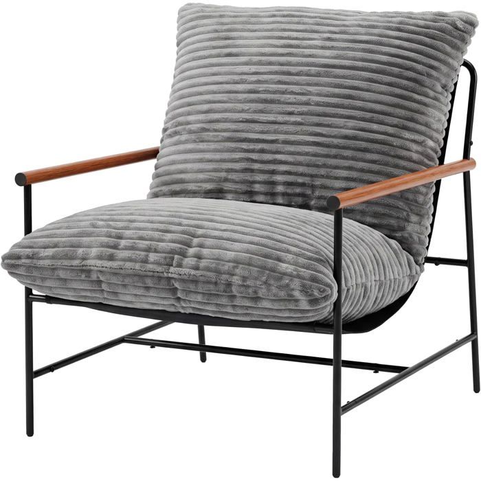 Fauteuil dappoint surdimensionné rembourré‑Velours côtelé 400G‑Oxford 700D‑Accoudoirs bois‑Structure métallique‑Gris‑Salon