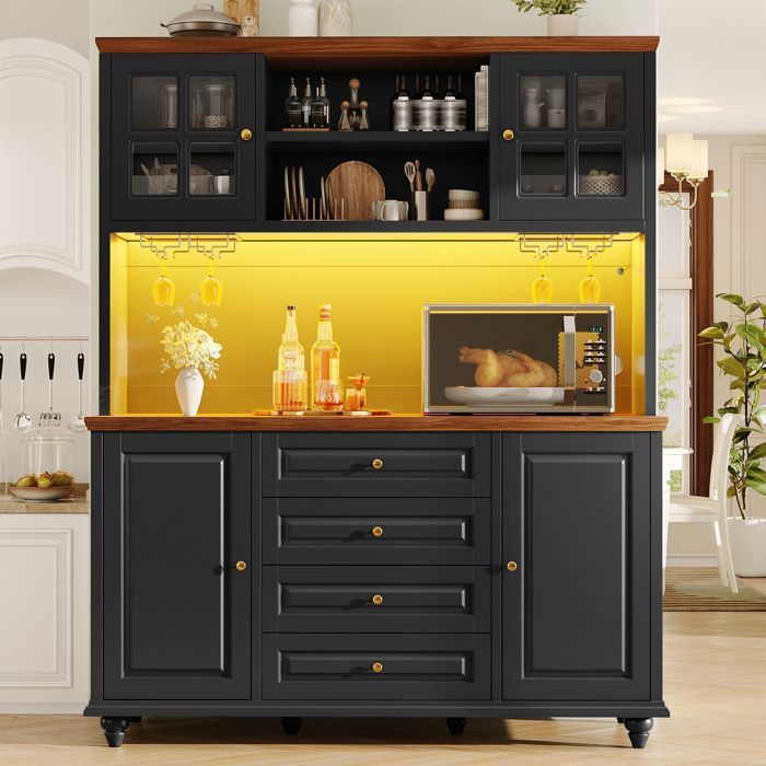 Buffet Vaisselier de Cuisine - avec LED 4 Tiroirs Porte-Verres et Étagères Réglables - 140 x P 40 x H 179 5 cm - Noir