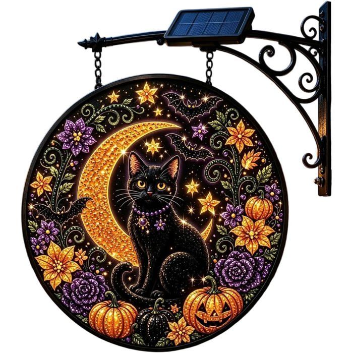 Lampe murale dHalloween à suspendre motif chat noir et lune pour patio porche jardin porte