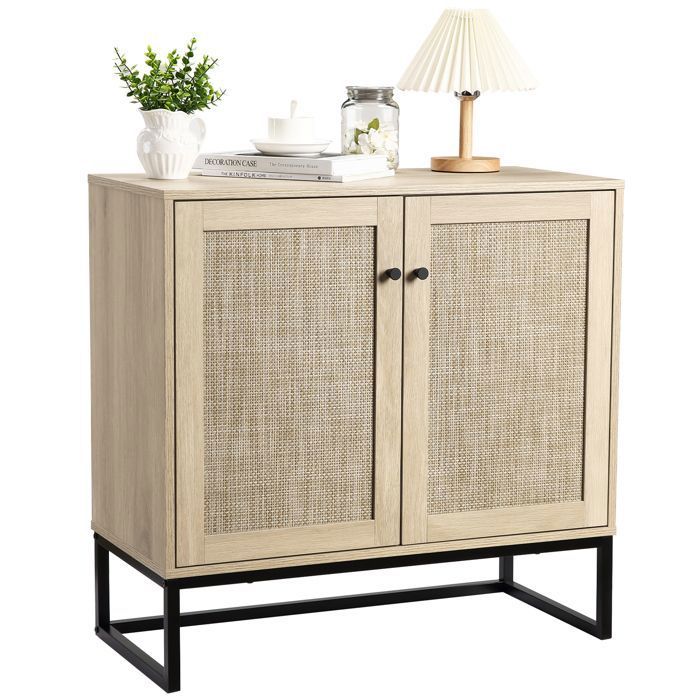 Buffet bas de rangement à 2 portes à effet cannage 2 niveaux style bohème pieds métalliques 80 × 38 × 78 cm