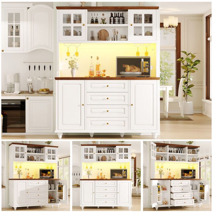 Vaisselier haut - 140 x 40 x 179 5 cm - Éclairage LED RGB - Étagères réglables - Porte‑verres métal