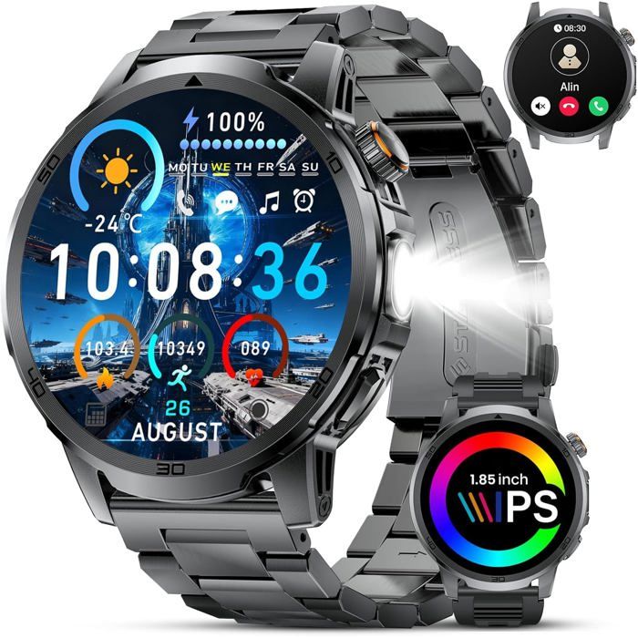 Montre Connectée Homme 1 85 Écran HD Bluetooth 5.2 Appels 1000mAh Batterie 100+ Sports Moniteur Puls & SpO2 Sommeil Lampe LED